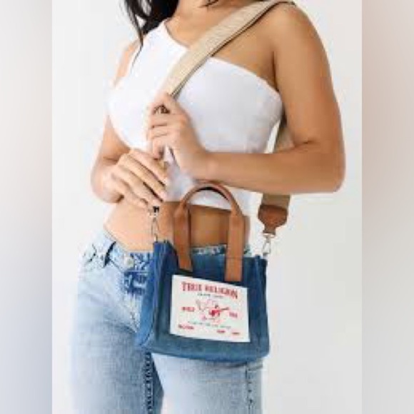 True Religion Handbags - True Religion Blue Denim Tote Bag Mini Travel Shoulder Bag Adjustable Strap